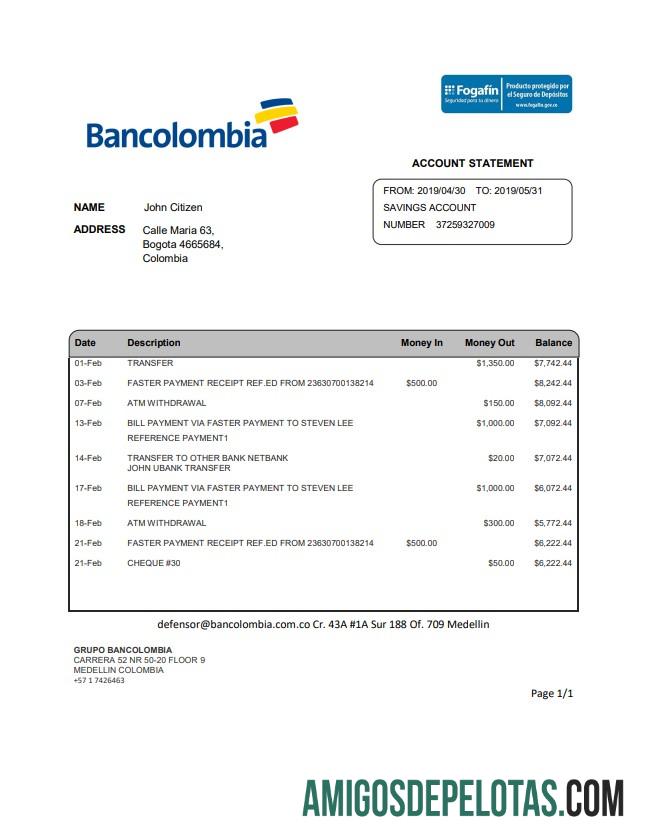 Colombia Bancolombia extrato bancário amostra